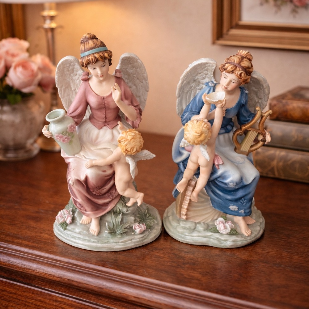 Vintage Ceramic Angel Figurine Pair w/ Cherubs – 11” Pastel Porcelain